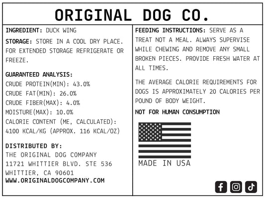 Back of a product label from Original Dog Co. with text and an American flag.