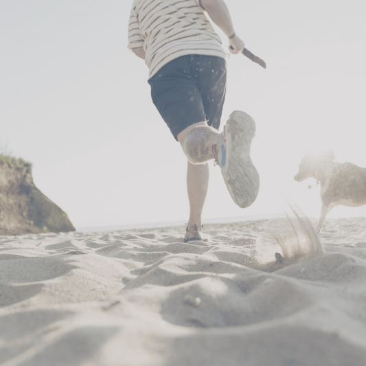 Man running with dog on beach towards the sun