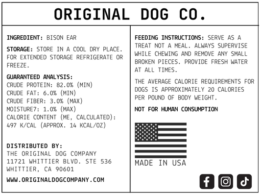 Label for Original Dog Co. product with ingredient, storage, and feeding instructions.