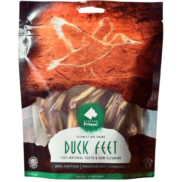 A bag of air-dried duck feet dog chews, a natural and protein-rich treat that supports dental health and digestion.