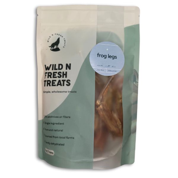 A bag of dehydrated frog legs, a natural, hypoallergenic chew for dogs, rich in omega-3, vitamin A, and potassium.