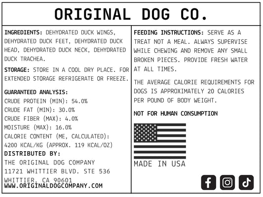 Label from Original Dog Co. with text and an American flag.