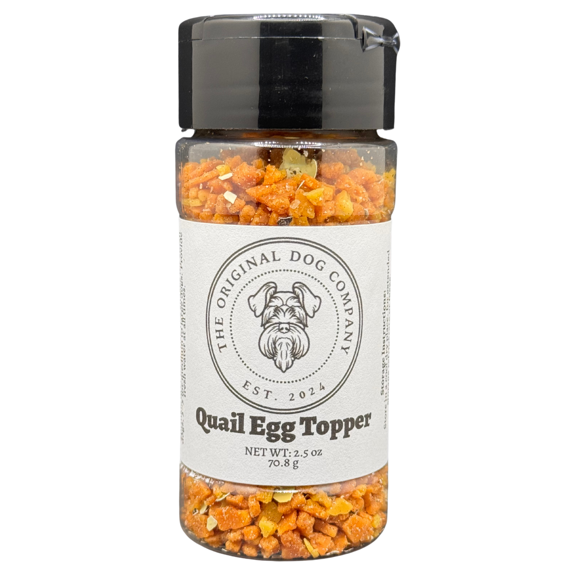 Bottle of 'Quail Egg Topper' by The Original Dog Company on a white background