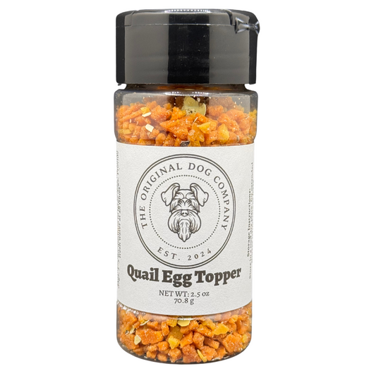 Bottle of 'Quail Egg Topper' by The Original Dog Company on a white background