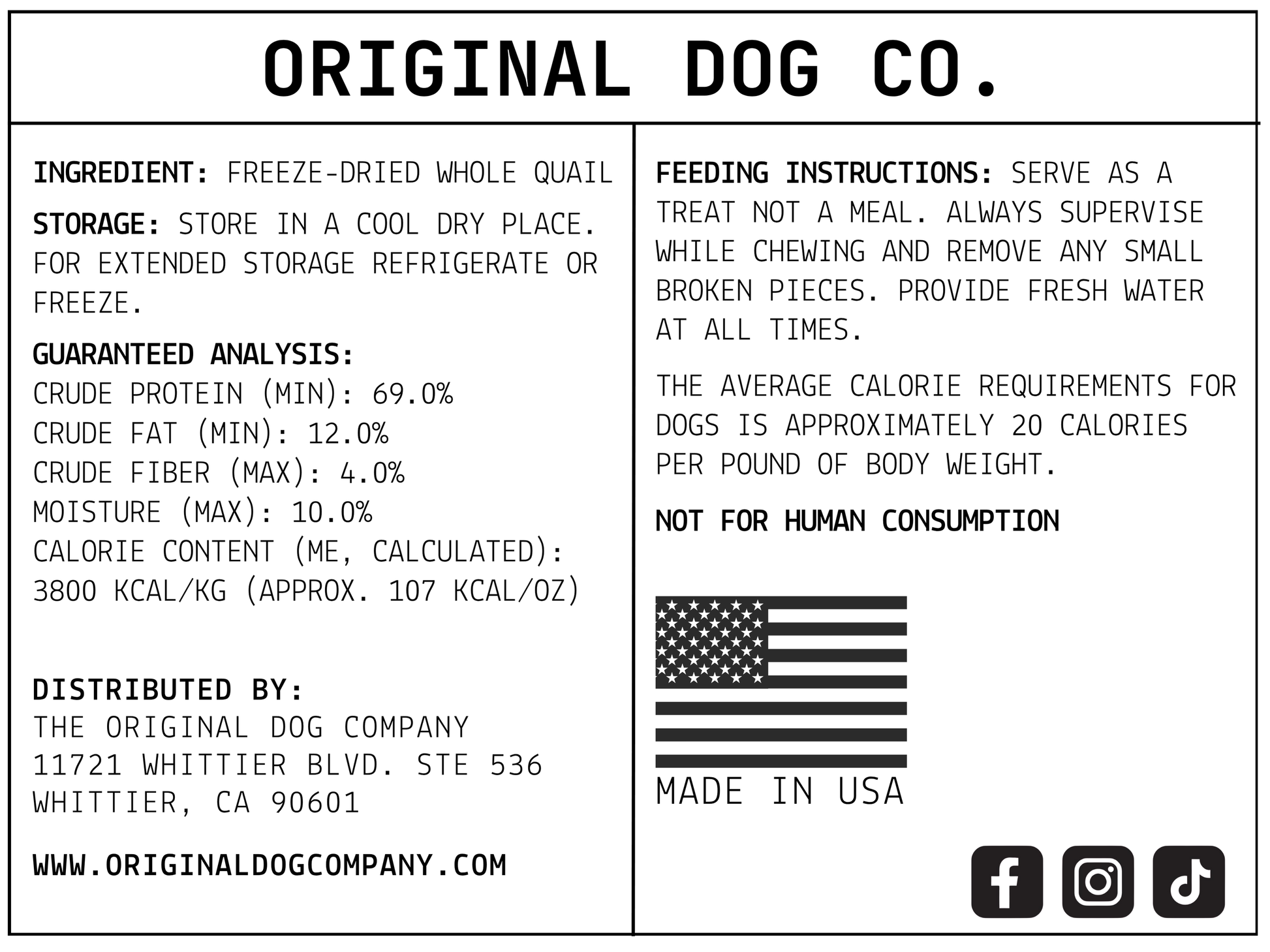 Label for Original Dog Co. quail peeps with text and an American flag.