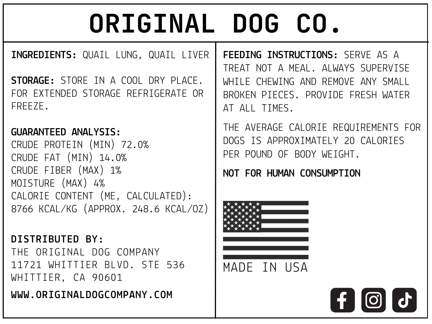 Label for Original Dog Co. product with text and an American flag.