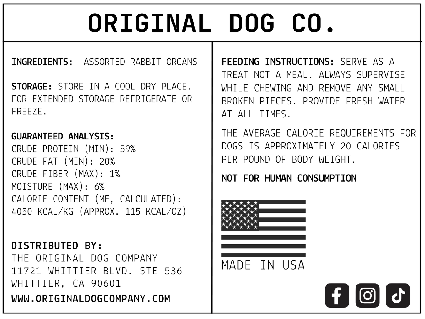Freeze-Dried Rabbit Organs label and nutritional benefits by the Original Dog Company.