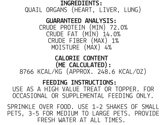 Freeze dried quail organ max topper made with quail liver, lung, and heart for dogs.
