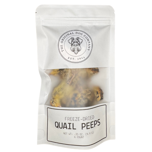 Package of freeze-dried quail peeps from The Original Dog Company on a white background