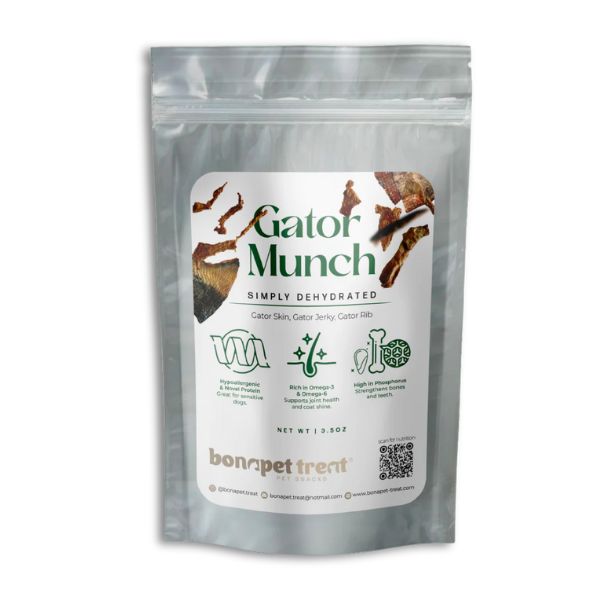 Bag of assorted gator treats featuring wild-caught Floridian meat, crispy skin, and ribs—4 oz mix for adventurous pups.