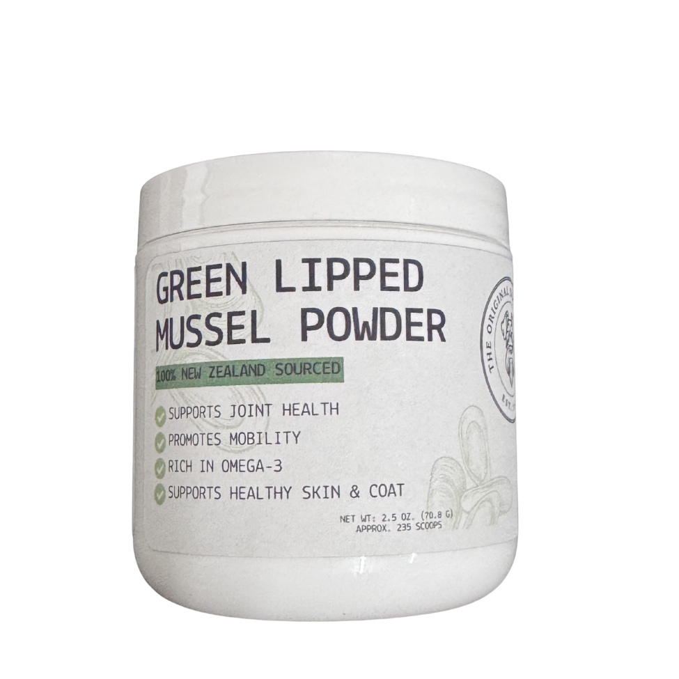 Jar of Green Lipped Mussel Powder on a white background