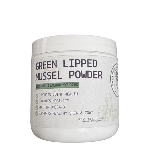 Jar of Green Lipped Mussel Powder on a white background