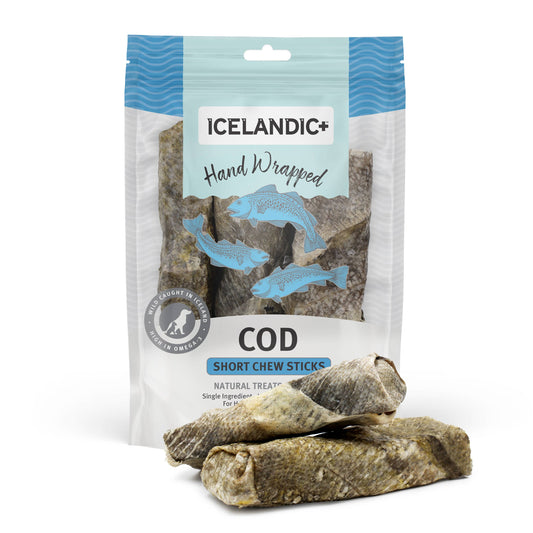 Icelandic+ Hand-Wrapped Cod Skin Chew, a high-protein, omega-3-rich treat made from 100% natural cod skin, promoting dental health and a shiny coat.