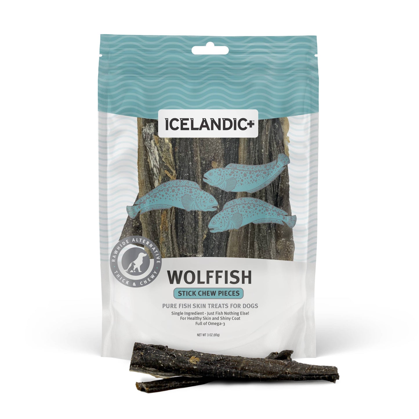 Crispy, protein-rich Icelandic+ Wolffish Stick & Pieces made from natural fish skin, packed with omega-3 fatty acids to support a healthy coat, skin, and joints.