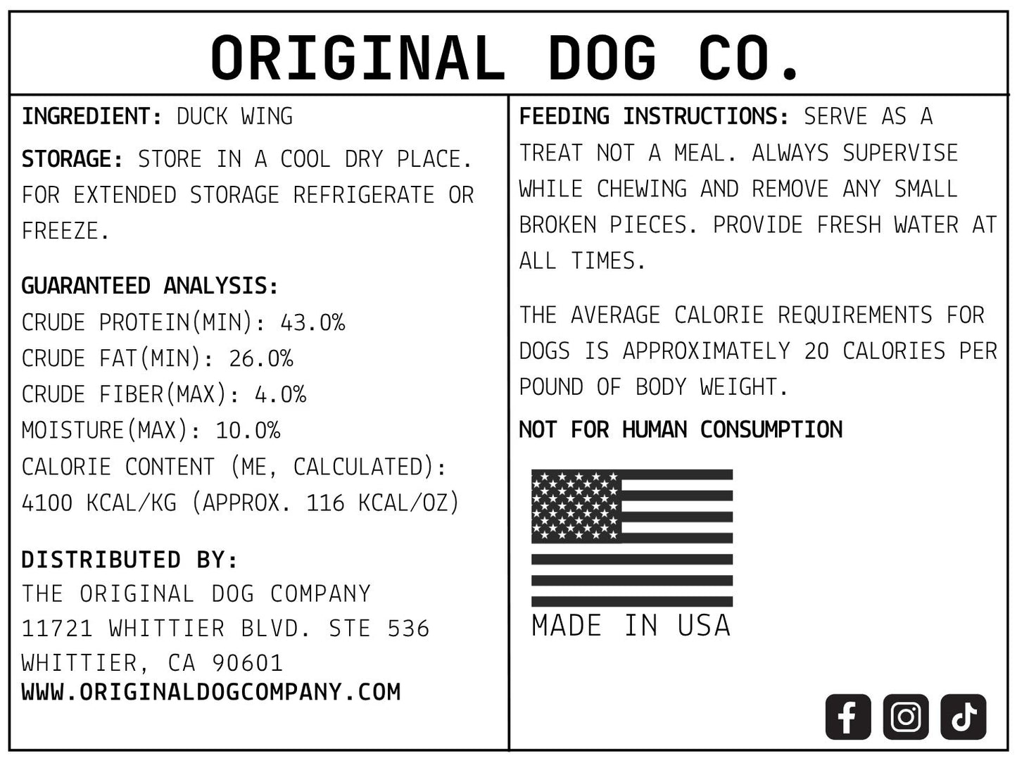 Back of a product label from Original Dog Co. with text and an American flag.