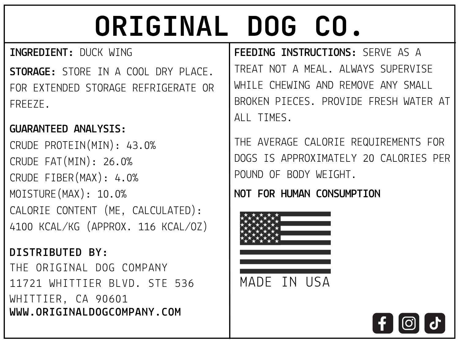 Back of a product label from Original Dog Co. with text and an American flag.
