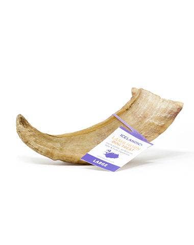 Natural, durable large lamb horn chew for dogs, offering long-lasting entertainment and promoting healthy teeth and gums.