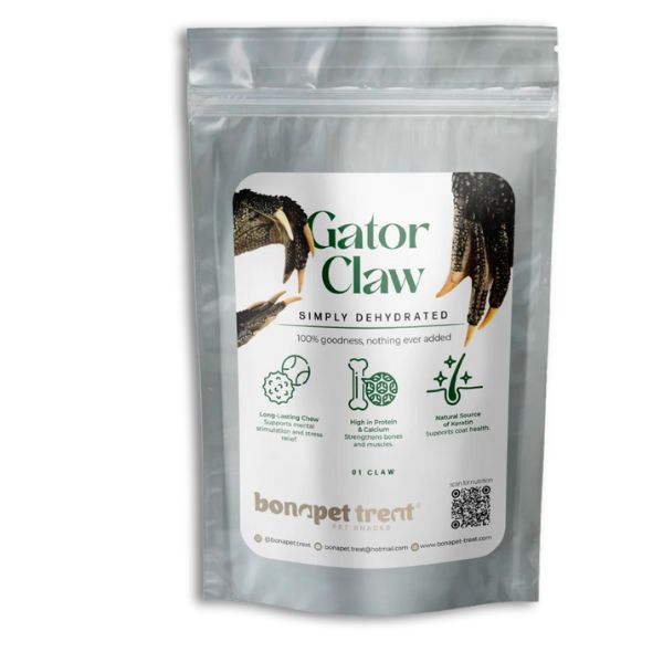 All-natural gator claw dog chew, hypoallergenic and perfect for dental health, mental enrichment, and aggressive chewers. Available in small and large sizes.