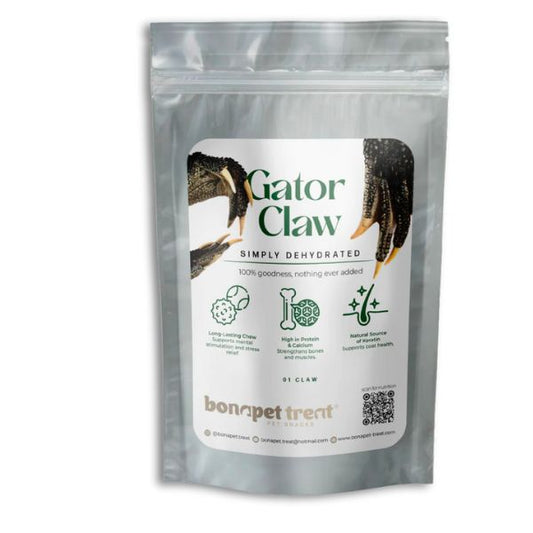All-natural gator claw dog chew, hypoallergenic and perfect for dental health, mental enrichment, and aggressive chewers. Available in small and large sizes.