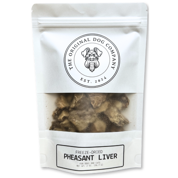Package of freeze-dried pheasant liver from The Original Dog Company on a white background