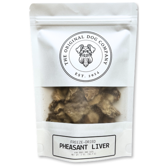 Package of freeze-dried pheasant liver from The Original Dog Company on a white background