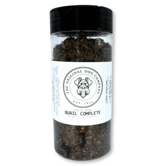 The Original Dog Company Freeze-Dried whole quail topper for dogs, made from complete quail including meat, bone, and organs.