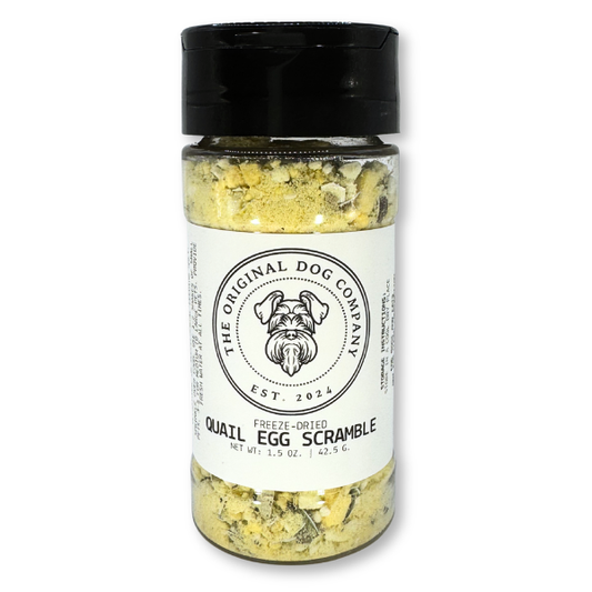 Bottle of freeze-dried quail egg scramble from The Original Dog Company.