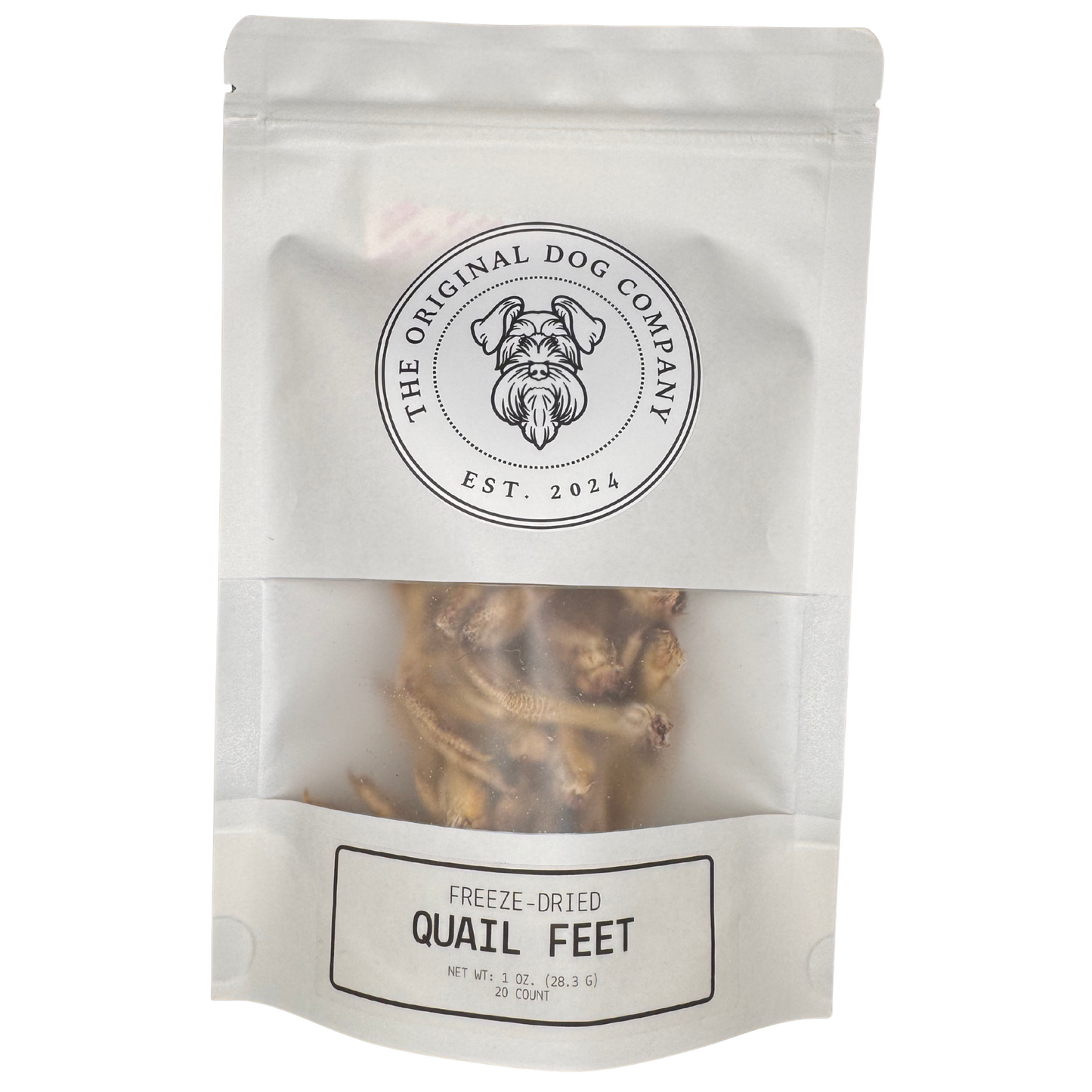 Package of freeze-dried quail feet from The Original Dog Company on a white background