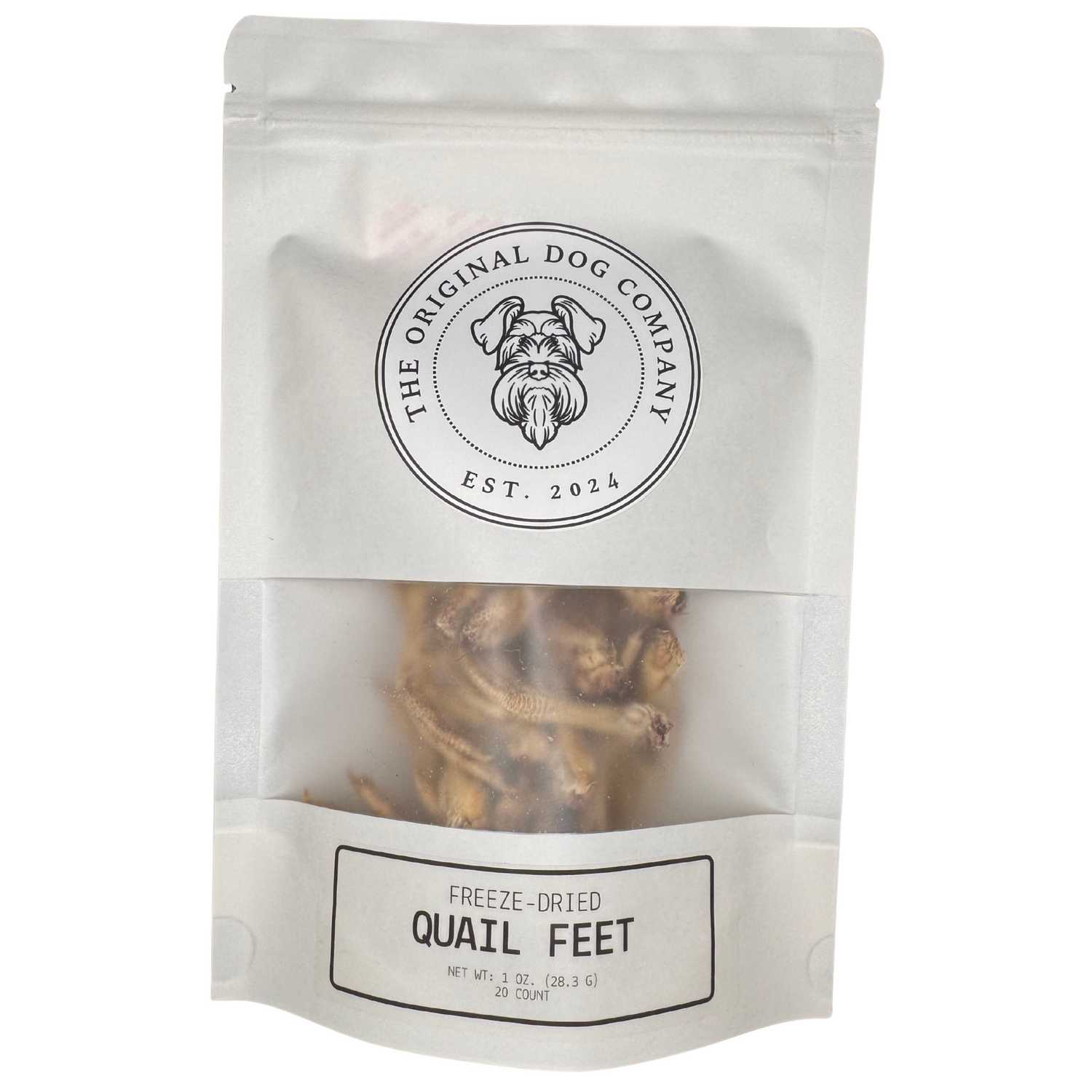 Package of freeze-dried quail feet from The Original Dog Company on a white background
