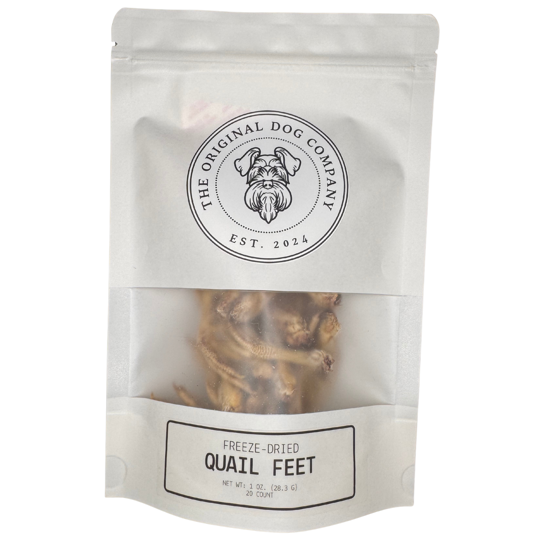Package of freeze-dried quail feet from The Original Dog Company on a white background