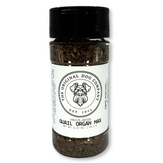 Bottle of freeze-dried quail organ max from The Original Dog Company on a white background