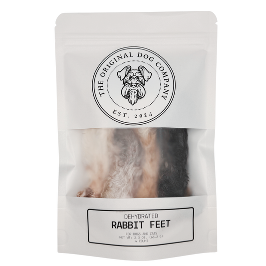 Dehydrated rabbit feet packaging from The Original Dog Company on a white background