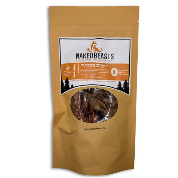 Close-up of dried shell-on shrimp dog and cat treats, rich in protein and essential nutrients, in a resealable bag.