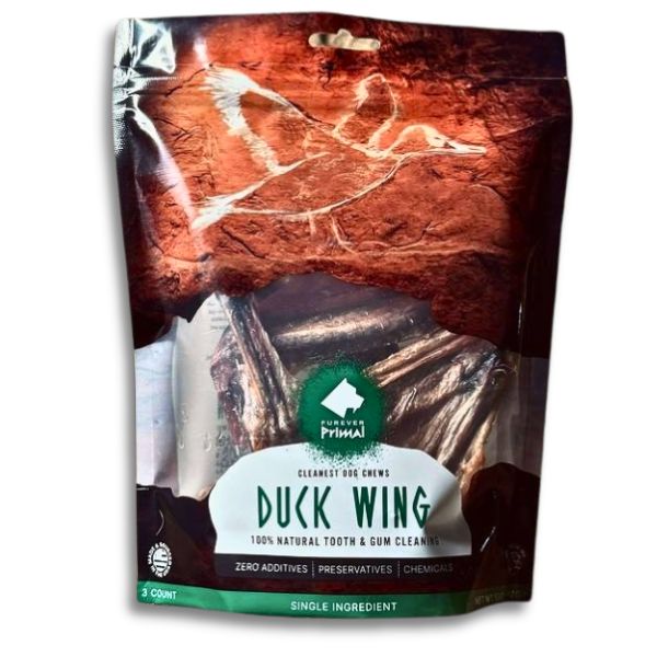 Single-ingredient duck wing chew for dogs, supporting dental health and mental stimulation.