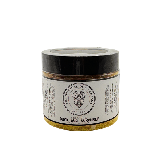 Jar of 'Duck Egg Scramble' from The Original Dog Company on a white background