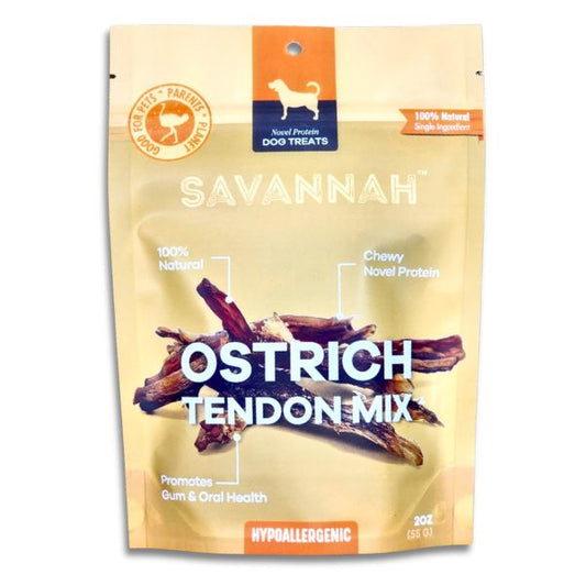 Ostrich tendon mix dog treat, a durable, high-protein chew that supports dental health and provides mental stimulation.