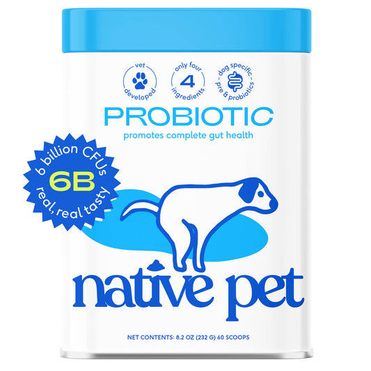 Fine probiotic powder supplement for dogs, designed to support digestive health and immune function.