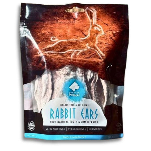 Natural rabbit ears with fur, a chew that supports dental health and provides a healthy source of protein.